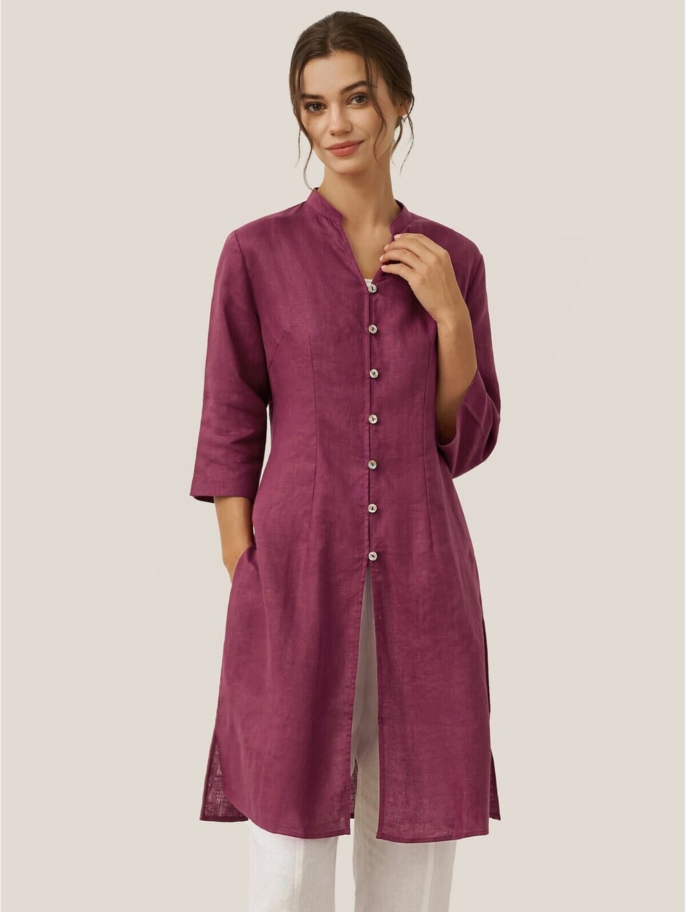 LINTICO 100% Linen Dillon Tunic Top Shirt Duster High Slit Rosewood Size Lg
